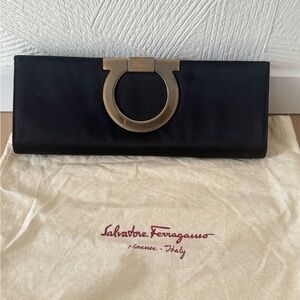 Salvatore Ferragamo Black Satin Clutch with Gold Accent